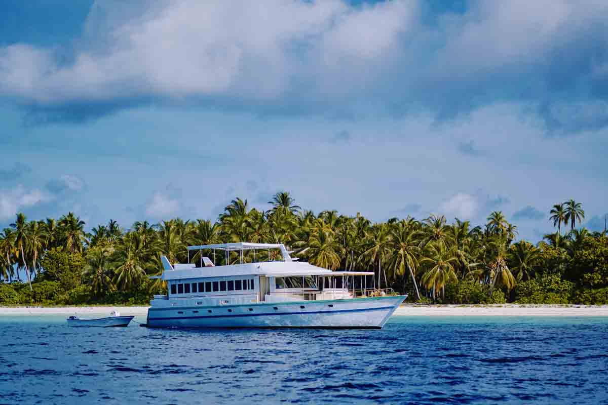Barco de surf en Maldivas navegando junto a una isla con palmeras