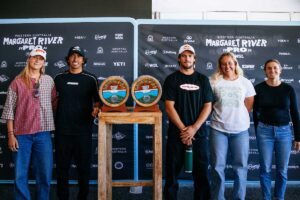 Isabella Nichols, Miguel Pupo, Jack Robinson y Gabriela Bryan en la rueda de prensa del Margaret River Pro 2026