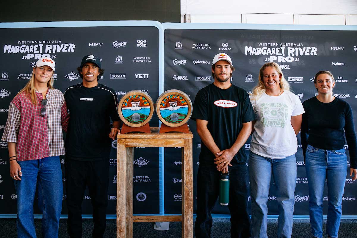 Isabella Nichols, Miguel Pupo, Jack Robinson y Gabriela Bryan en la rueda de prensa del Margaret River Pro 2026
