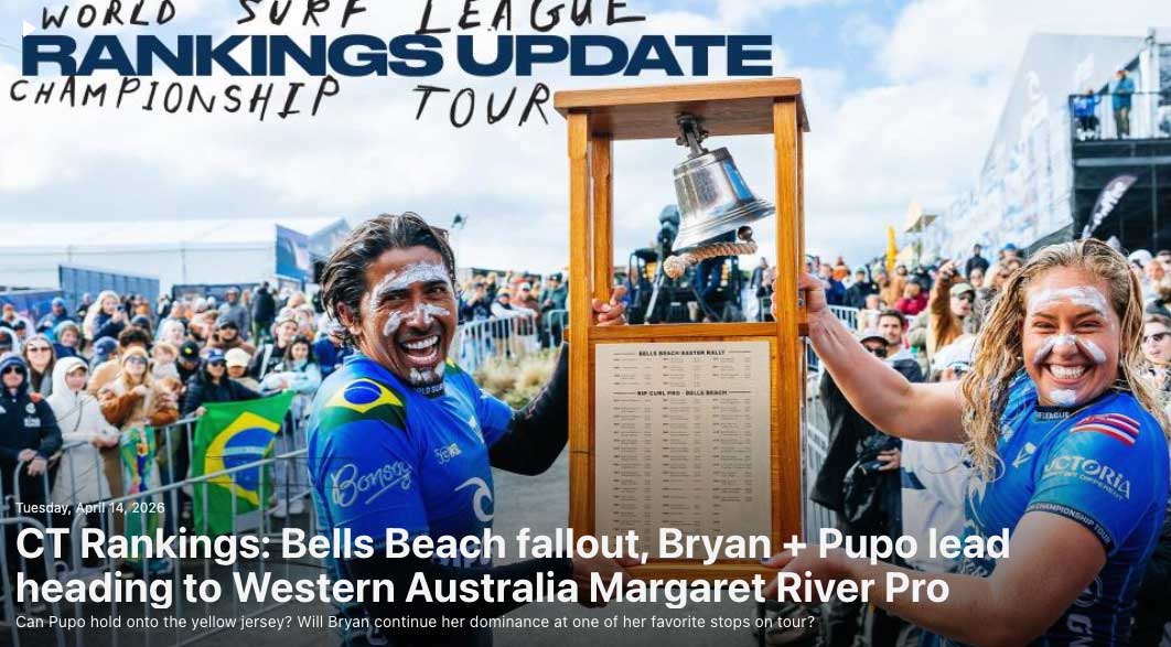 Miguel Pupo y Gabriela Bryan celebrando su victoria en Bells Beach 2026 con la campana del WSL