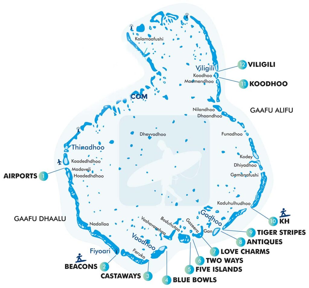Mapa de las principales olas de surf de Maldivas con la ubicación de Beacons, Tiger Stripes, Blue Bowls, Five Islands y Love Charms.